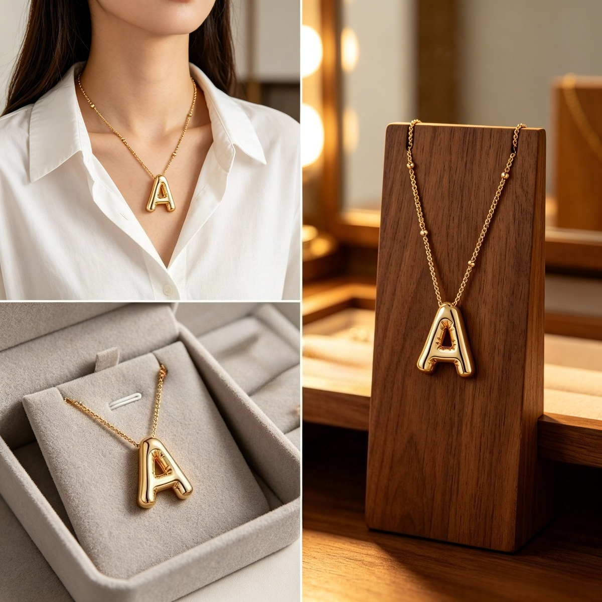 Bubble Letter Pendant Necklace for Women, Name Jewelry